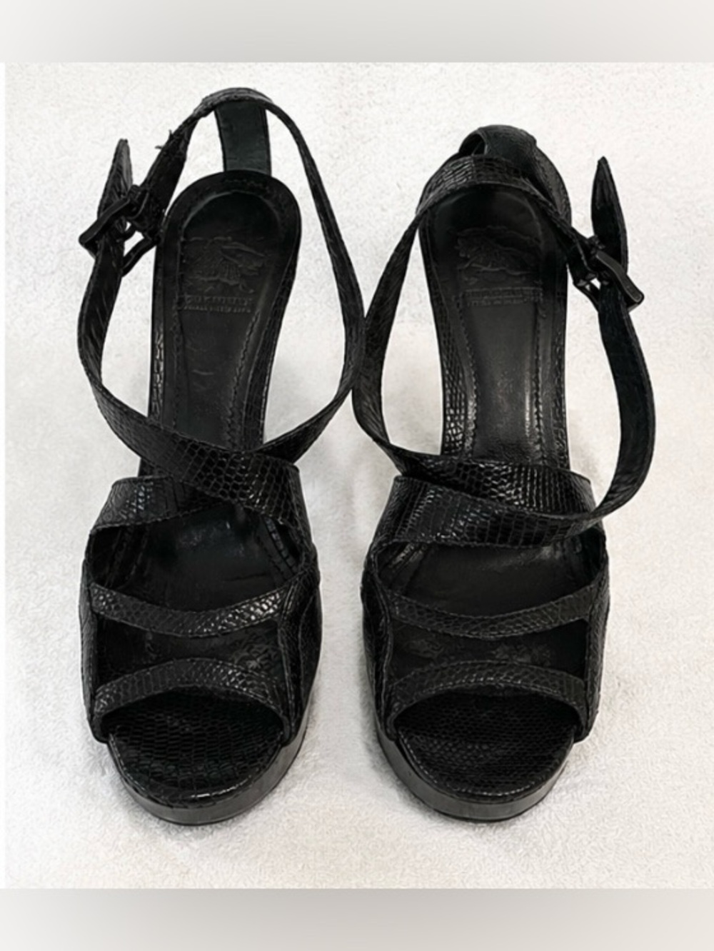 Burberry Black Leather Lizard Embossed Platform Heels Sandals EU 37.5 US 7.5 - Picture 2 of 5